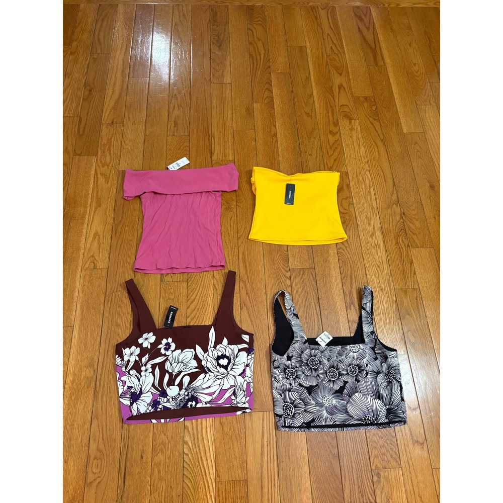 Express Women XS Bundleโ 4 Tops Yellow Pink Floral Crop Tube Off Shoulder NEW